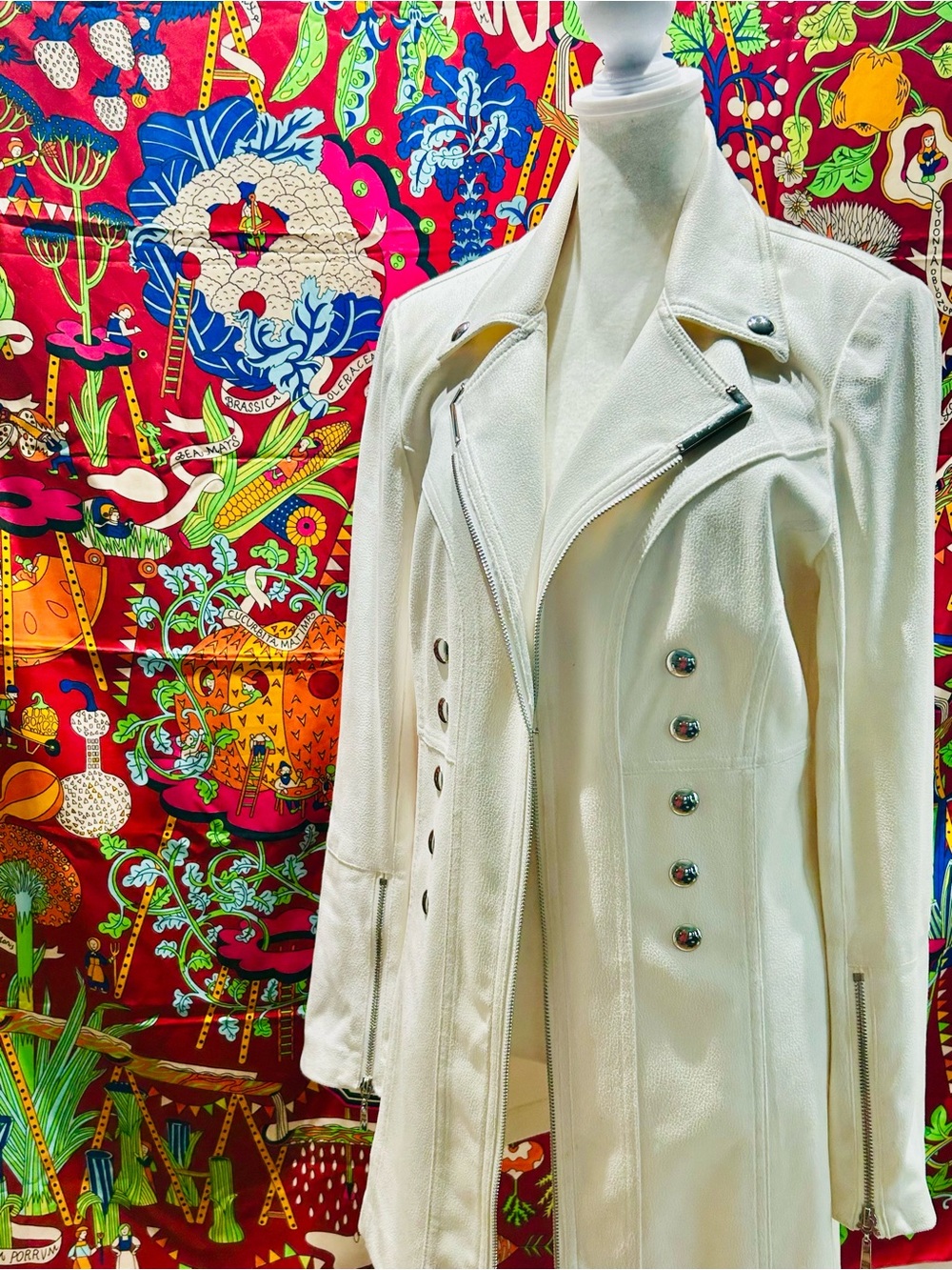 LG White Vegan Leather Jacket Silver Studs Sz 10 EUC moto military 60s